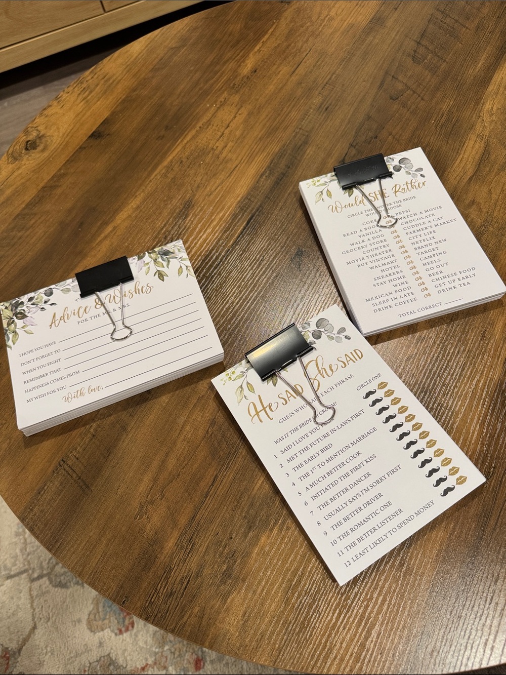 Wedding Game & Advice Cards Set - Floral Gold and Green